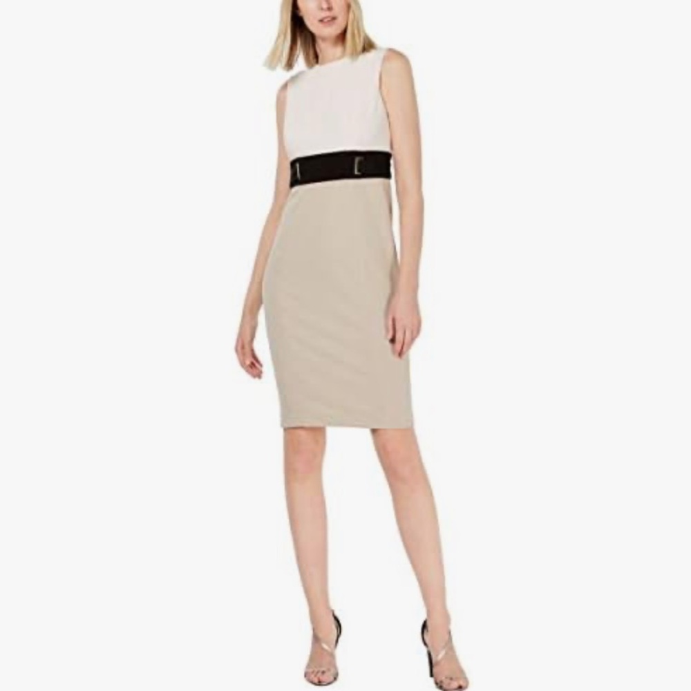 CALVIN KLEIN Womens Sleeveless Color Block Sheath Dress with Waist Band NEW